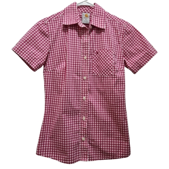 EUC Carhartt Women's Size S Pink Gingham Plaid Pocketed Button Down Shirt - Picture 1 of 6